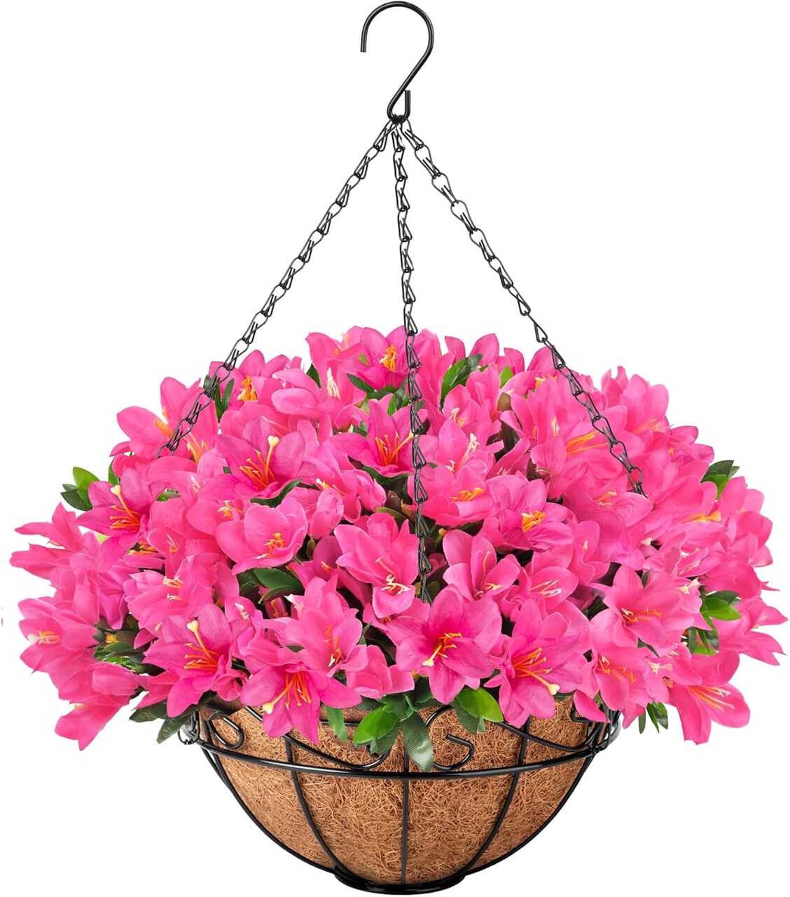 Decor Artificial Hanging Flowers, Fake Silk Azalea Plants with Coconut Lining Hanging Baskets Outdoor for Spring